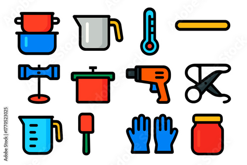 Candle-Making Tools Icons. Flat vector icons of Candle Making Tools: double boiler, pouring pot, thermometer, stirring stick, wick