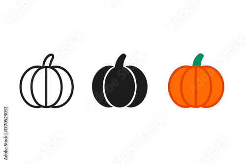 Minimalist Pumpkin Trio. Minimalist pumpkin icon: three identical round pumpkins with stems on top in a row, first in line style