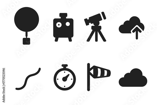 Vintage Weather Balloon Icons. Solid style icons of Vintage Weather Balloon: Balloon, Instrument Package, Theodolite, Forecast,