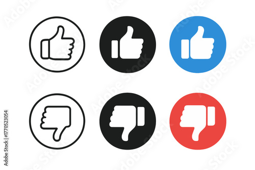 Thumbs Up and Down Icons. Linear minimalistic like in circle icon: thumb up inside circular outline, uniform line thickness, no
