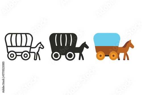 Minimalist Wagon Icons. Minimalist wagon icon: three identical horse-drawn wagon icons in a row, first in line style with thin