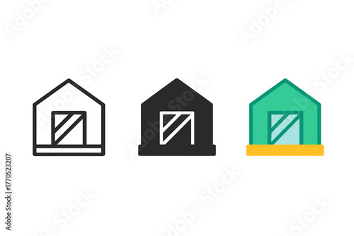 Greenhouse Icon Styles. Minimalist greenhouse icon: three identical greenhouse icons in a row, first in line style with thin