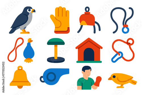 Falconry Training Icons. Flat vector icons of Falconry Training: falcon, glove, hood, jess, lure, perch, mews, tether, bell,