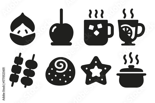 Festival Food Icons. Solid style icons of Festival Foods: roasted chestnut, candy apple, hot chocolate, mulled wine, grilled