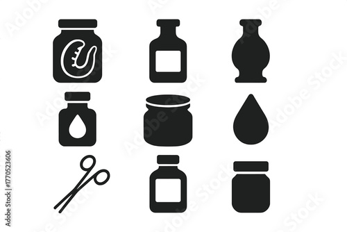 Antique Medical Icons. Solid style icons of Antique Medical Containers: Leeches, Glass, Bloodletting, Medicine, Lid, Droplet,