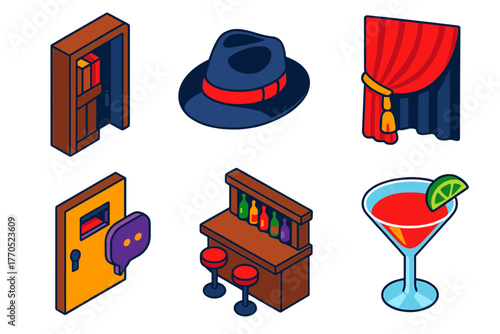 Speakeasy Icons Set. Isometric vector illustration set Speakeasy: Hidden Door, Fedora, Velvet Curtain, Secret Password, Bar