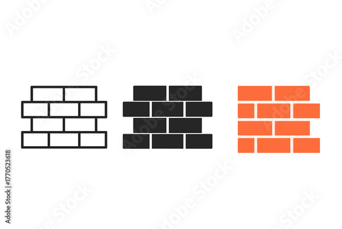 Minimalist Brick Wall Icon. Minimalist bricks wall icon: three identical rows of brick walls in a row, first in line style with