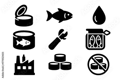 Seafood Canning Icons. Solid style icons of Seafood Canning Industry: Tin, Fish, Oil, Label, Can Opener, Packed Fish, Factory,
