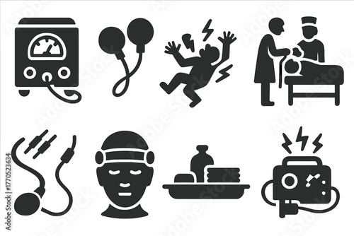 Antique ECT Icon Set. Solid style icons of Antique ECT Sessions: Machine, Paddles, Convulsion, Treatment, Electrodes, Patient,