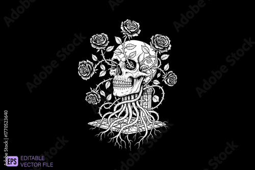 Skull with Roses and Roots Growing from a Tombstone.