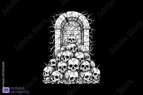 Pile of Skulls Under a Broken Archway in a Dark and Eerie Settin