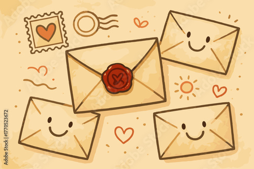 Playful Mail Art. Playful letter sealed with wax, smiling envelopes and doodle stamps scattered nearby