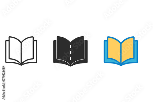 Minimalist Book Bindings. Minimalist book binding icon: three identical open book with stitched spine icons in a row, first in