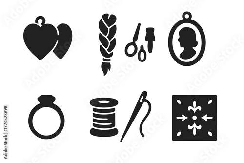 Antique Keepsakes Icons. Solid style icons of Antique Personal Keepsakes: Locket, Hair Braid, Tiny Tools, Portrait Miniature, Ring