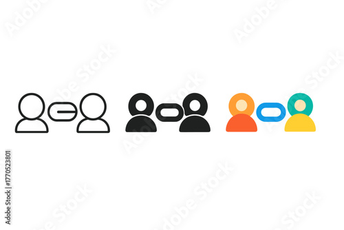 Chain Link Profiles. Minimalist account linking icon: three identical chain link with profile icons in a row, first in line style