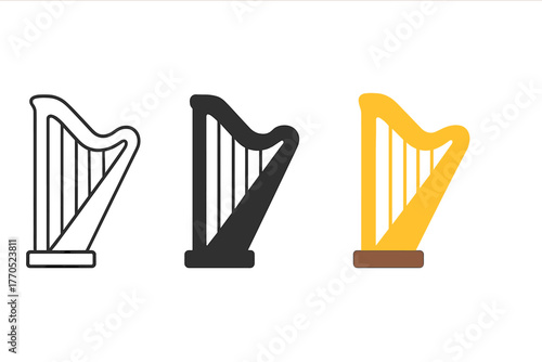 Minimalist Harp Trio. Minimalist harp icon: three identical harps with triangular frame and strings in a row, first in line style