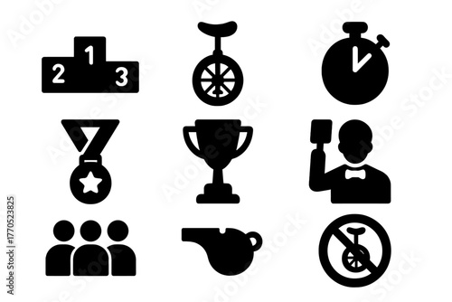 Competitive Unicycling Icons. Solid style icons of Competitive Unicycling: Podium, Unicycle, Stopwatch, Medal, Trophy, Judge,