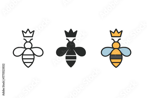 Queen Bee Icons. Minimalist queen bee tracking icon: three identical bees with crowns in a row, first in line style with thin
