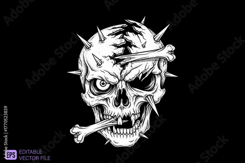 Grinning Skull with Spikes and Bones in Black and White.