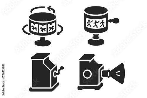Antique Motion Icon. Solid style icons of Antique Motion Pictures: Zoetrope Drum, Spinning, Sequential Images, Animation, Cylinder