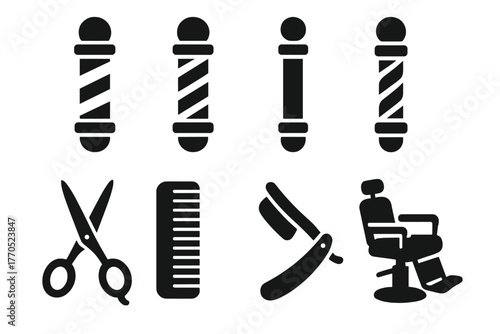 Vintage Barber Pole Icons. Solid style icons of Vintage Barber Pole: Red Stripe, Blue Stripe, Twisting Illusion, Pole, Scissors,