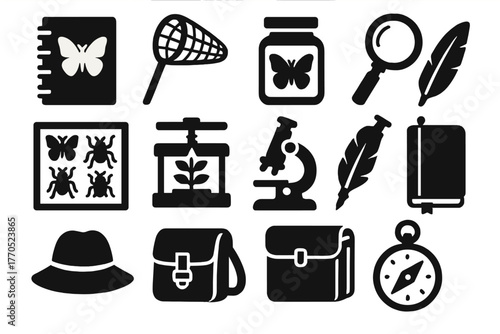 Victorian Naturalist Icons. Solid style icons of Victorian Naturalist: Sketchbook, Butterfly Net, Specimen Jar, Magnifying Glass,
