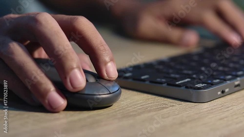 Close up view of male hands on computer keyboard and mouse