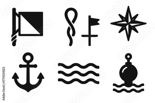 Nautical Symbols Collection. Solid style icons of Nautical Flags: Signal Flag, Rope Hoist, Ship Mast, Compass Rose, Anchor Symbol,