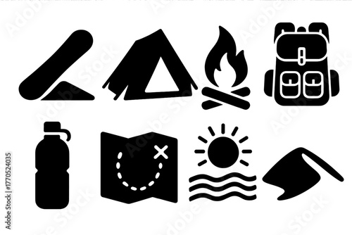 Dune Adventure Icons. Solid style icons of Dune Adventure: Sandboard, Tent, Campfire, Backpack, Water Bottle, Map, Desert Sun,