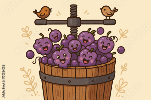 Cheerful Grape Press. Cartoon grape press with smiling grapes tumbling in, little doodle birds perched on the edges