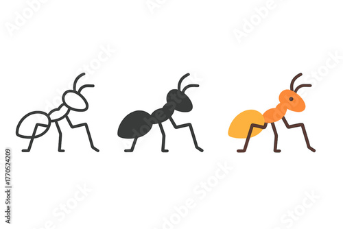Worker Ants Styles. Minimalist worker role icon: three identical worker ants performing tasks in a row, first in line style with