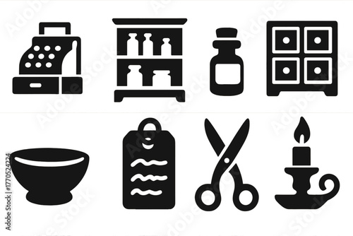 Antique Drugstore Icons. Solid style icons of Antique Drugstore: Cash Register, Wooden Shelf, Corked Vial, Medicine Drawer,