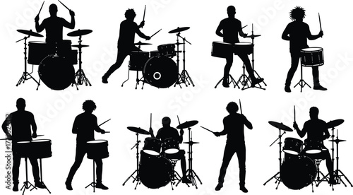 Silhouette drummers playing drums, music band percussion performance, rock musician vector illustration, drummer on stage, concert rhythm entertainment art
