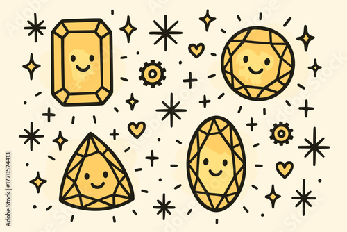 Glowing Jewel Doodle. Charming doodle vector composition of glowing watch jewels with smiling faces, surrounded by doodle sparkles