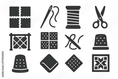 Quilting Tools Icons. Solid style icons of quilting: fabric squares, needle, thread spool, quilt frame, patchwork, scissors,