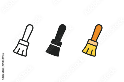 Diverse Brush Icons. Minimalist brush tool icon: three identical fossil brushes in a row, first in line style with thin outline,