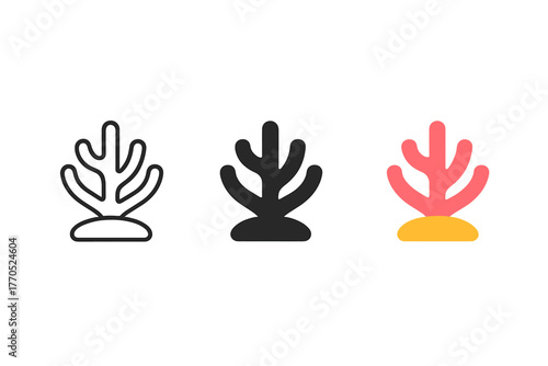 Coral Reef Icons. Minimalist coral reef icon: three identical coral reef icons in a row, first in line style with thin outline,