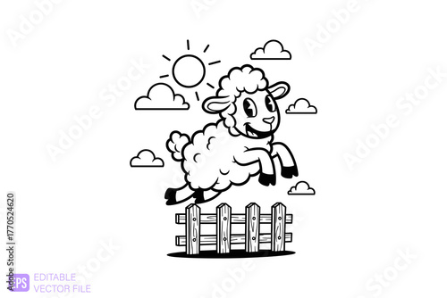 Cute Cartoon Sheep Jumping Over Fence in Sunny Field.