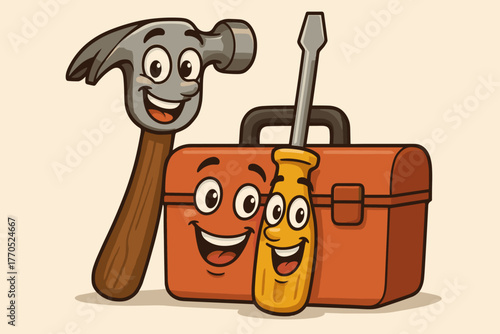 Cheerful Tools Squad. Cartoon hammer and screwdriver with grins, leaning against a smiling toolbox