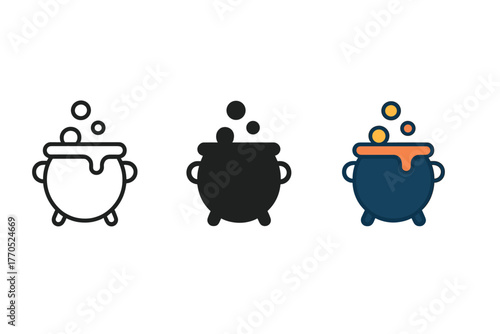 Minimalist Cauldron Icons. Minimalist brewing cauldron icon: three identical cauldron icons in a row, first in line style with