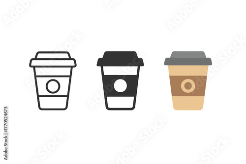 Minimalist Coffee Cup Trio. Minimalist takeout coffee icon: three identical disposable coffee cup icons in a row, first in line
