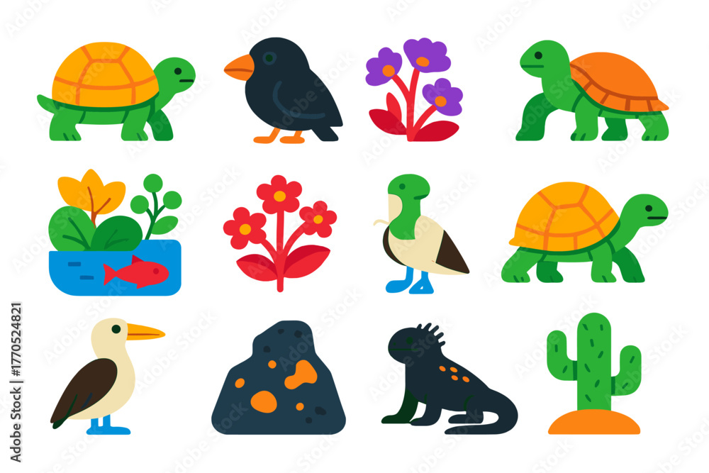 Fototapeta premium Nature Reserve Icons. Flat vector icons of Nature Reserve: tortoise, finch, iguana, unique ecosystem, endemic plants, giant