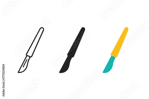 Scalpel Icon Styles. Minimalist surgical instrument icon: three identical scalpel icons in a row, first in line style with thin