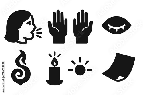 Spiritual Symbols Icons. Solid style icons of Medium at Work: Speaking Face, Raised Hands, Tablecloth, Spirit Symbol, Candle Glow,