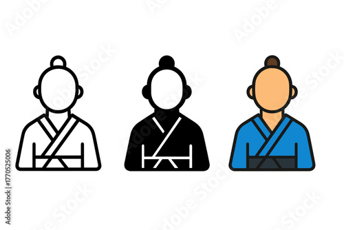 Minimalist Sensei Icons. Minimalist sensei icon: three identical martial arts instructor icons in a row, first in line style with