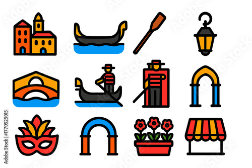 Italian Canal Icons. Flat vector icons of Italian Canals: Venice, gondola, canal, oar, bridge, lantern, gondolier, building, mask,