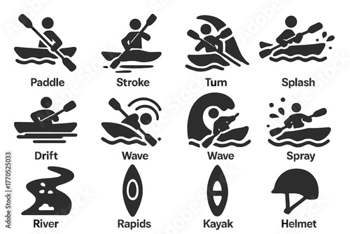 Kayaking Action Icons. Solid style icons of Kayaking Movements: Paddle, Stroke, Turn, Splash, Drift, Roll, Wave, Spray, River,