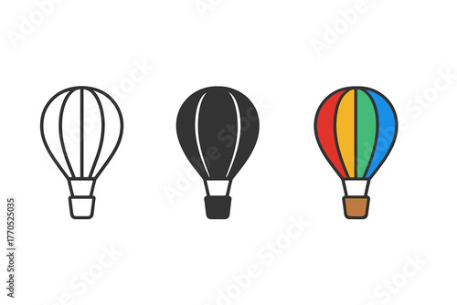 Rainbow Balloon Trio. Minimalist rainbow hot air balloon icon: three identical balloons with rainbow stripes in a row, first in