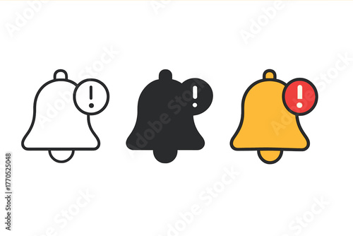 Minimalist Bell Icons. Minimalist notification icon: three identical bell with alert icons in a row, first in line style with thin