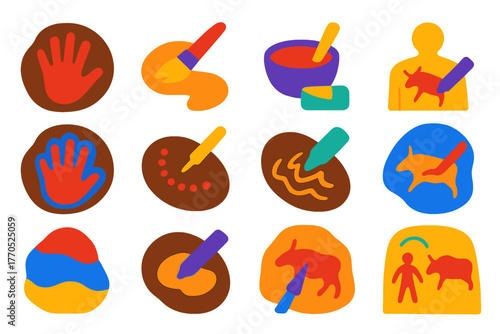 Cave Art Icons. Flat vector icons of Cave Painting Techniques: handprint, brush stroke, pigment mixing, shading, stenciling,